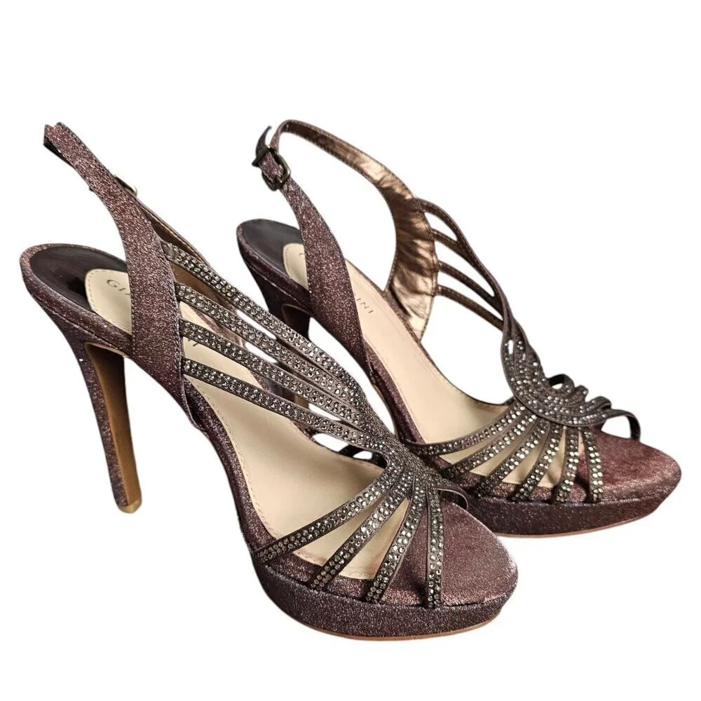 Gianni Bini Gliterati Sparkle Bronze Platform Open Toe Strappy Sandal Heel New